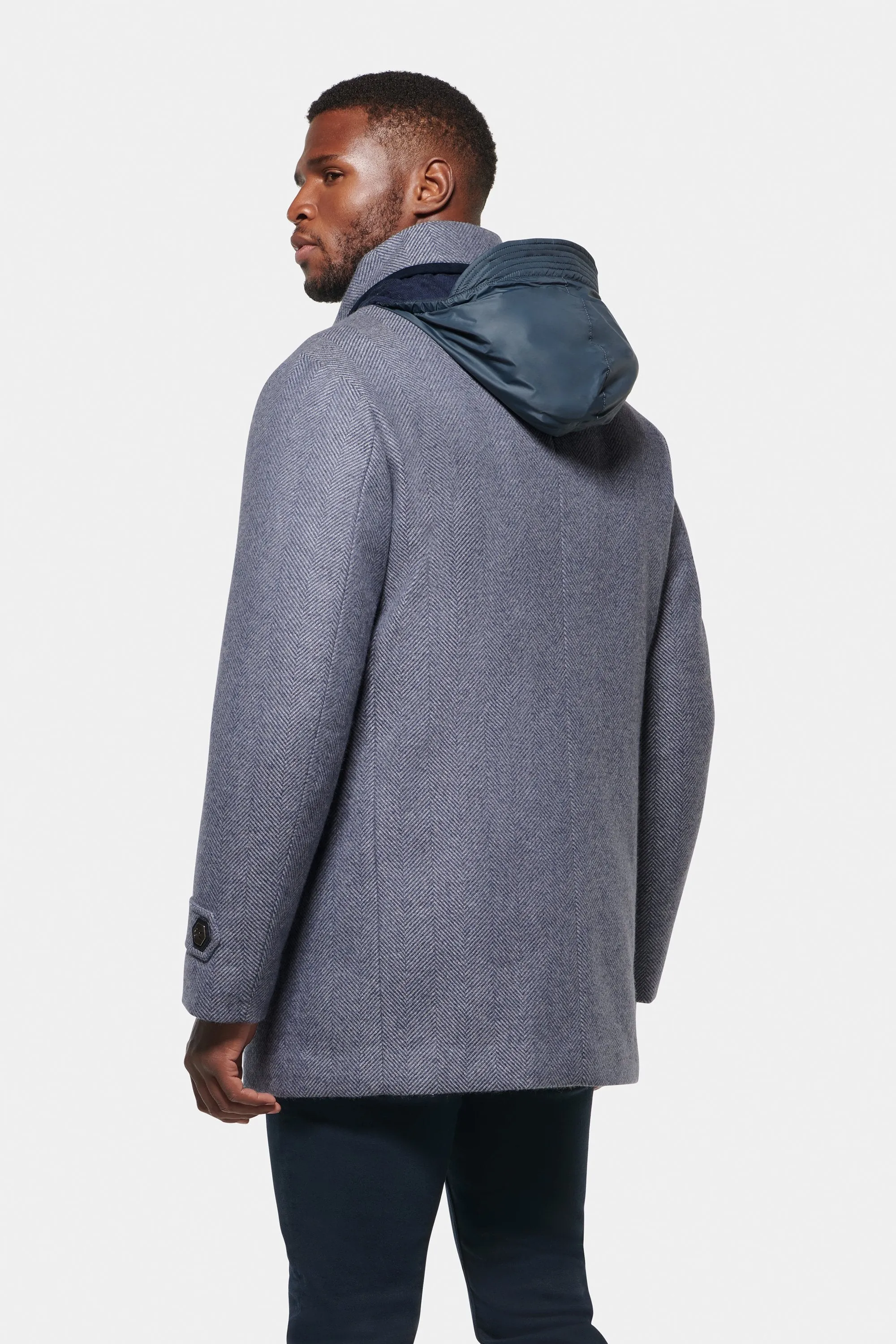 Hooded Cashmere Wool Car Coat, Light Grey Blue Herringbone