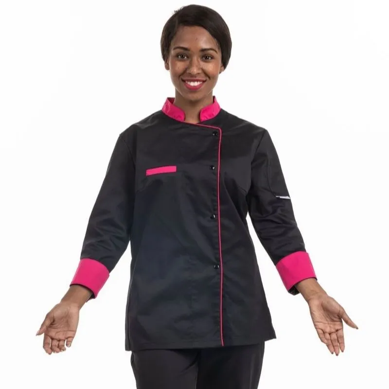 Kitchen Coat with Pink Collar Pink Piping and Roll-up Pink Sleeves - MANELLI