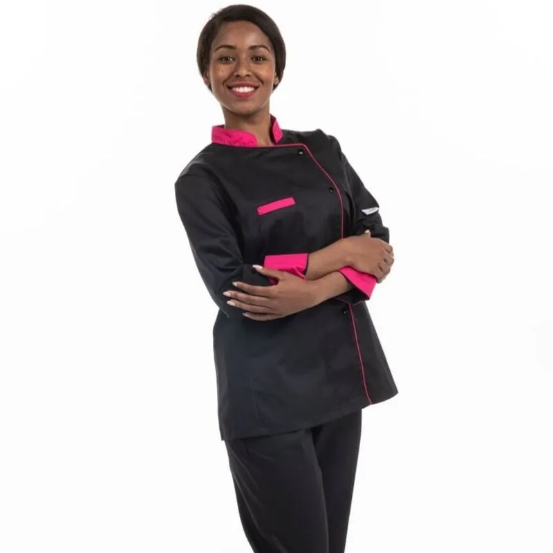 Kitchen Coat with Pink Collar Pink Piping and Roll-up Pink Sleeves - MANELLI