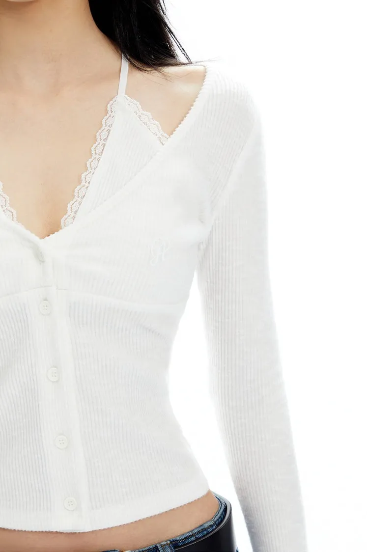 Lace Trim Button-Up Mock Two-Piece Cardigan Top