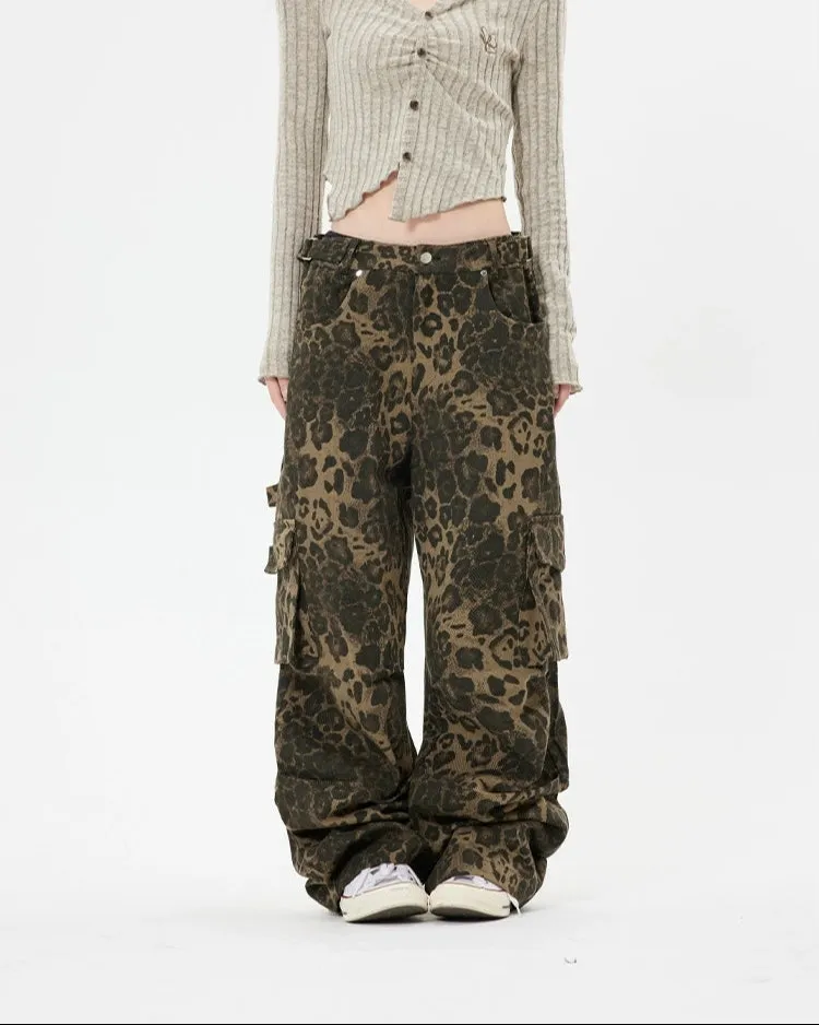 Leopard Print Cargo Pocket Wide Leg Pants