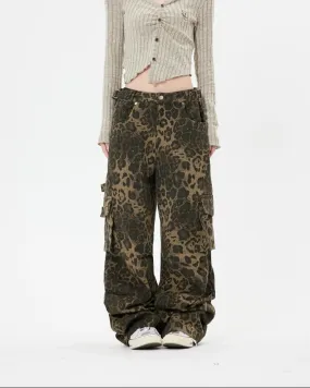 Leopard Print Cargo Pocket Wide Leg Pants