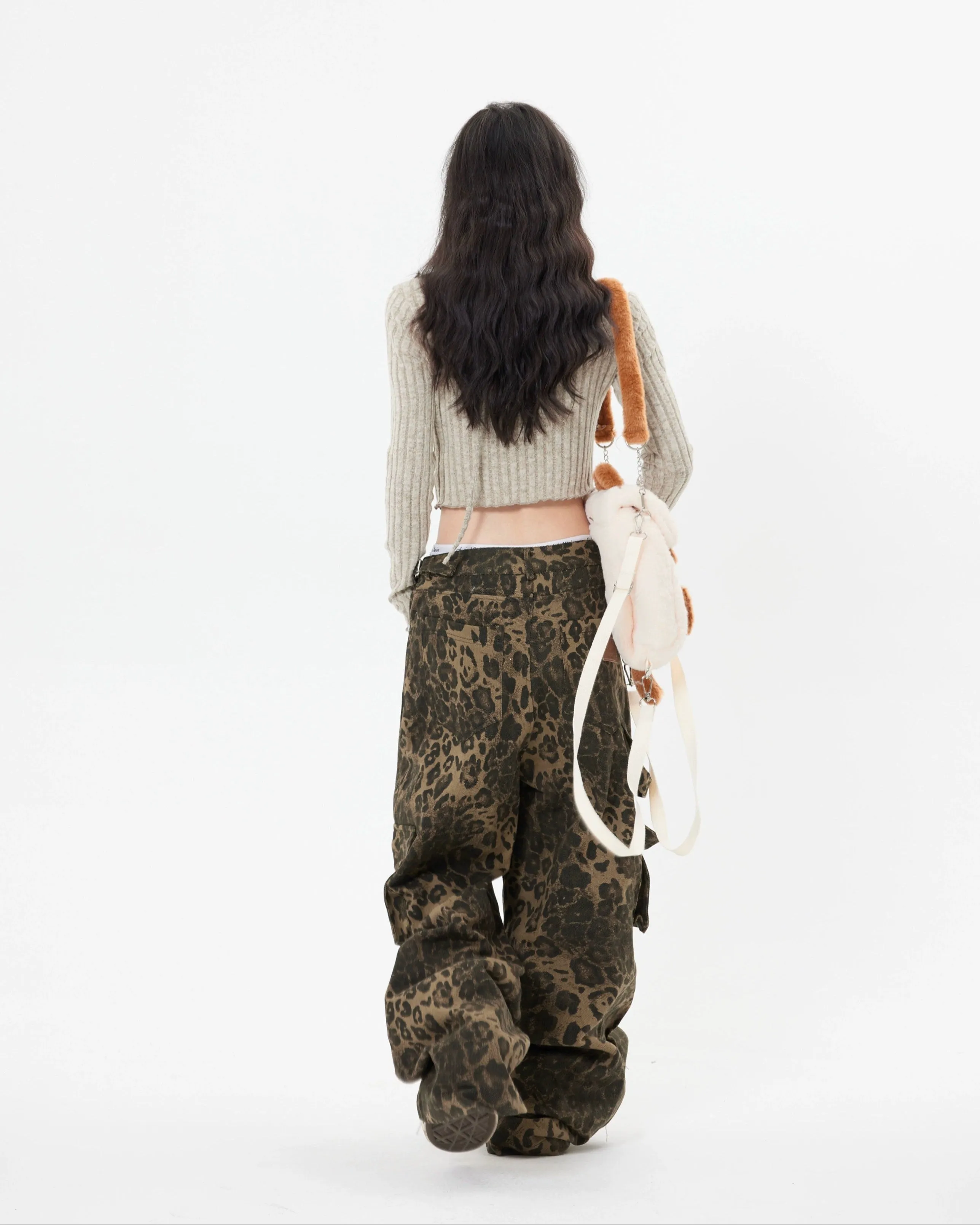 Leopard Print Cargo Pocket Wide Leg Pants