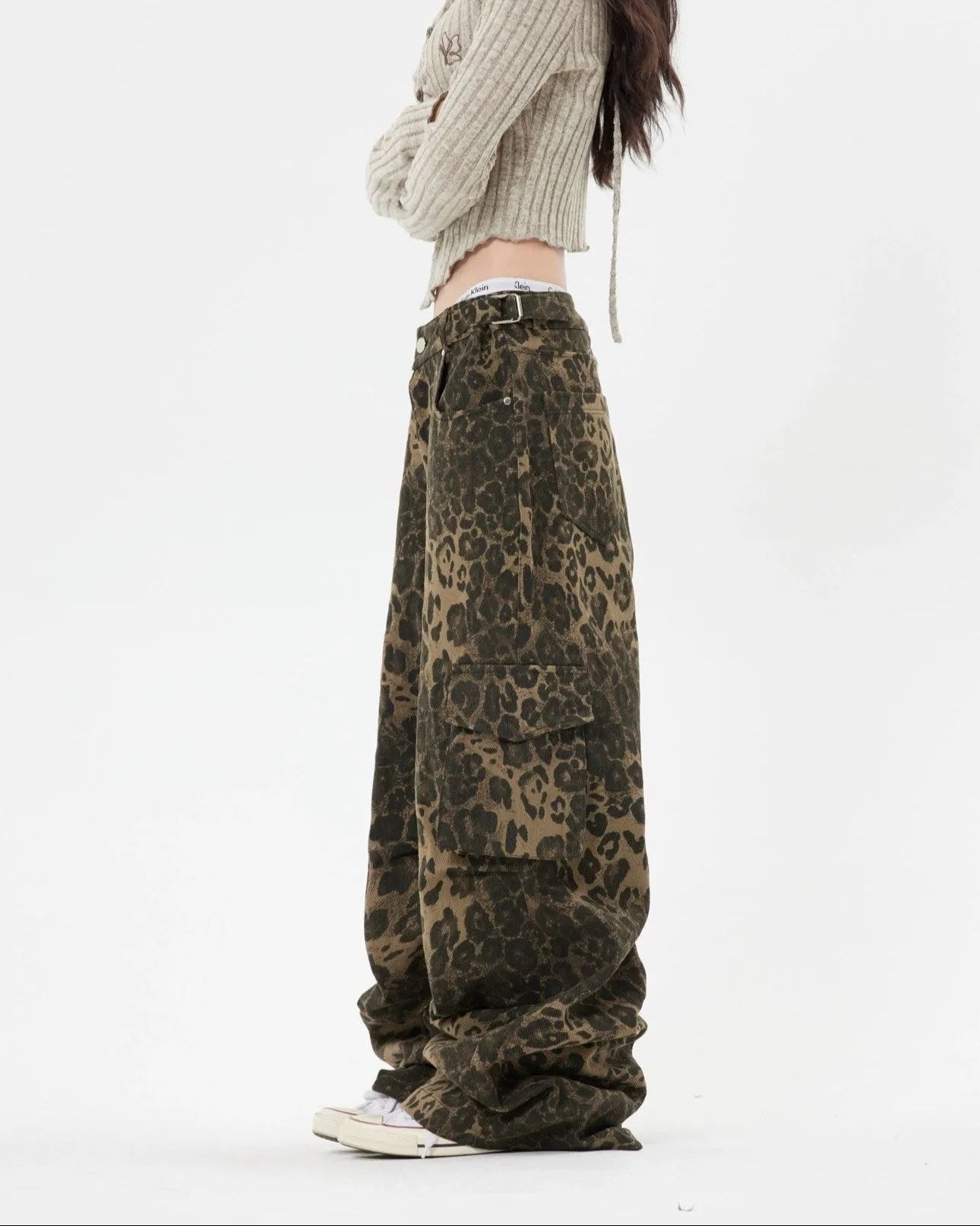 Leopard Print Cargo Pocket Wide Leg Pants