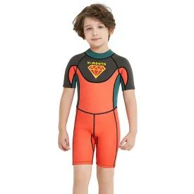 Little Surprise Box Superhero Green & Orange 2.5mm Neoprene Knee Length Kids Swimsuit, Half Sleeves Swimwear