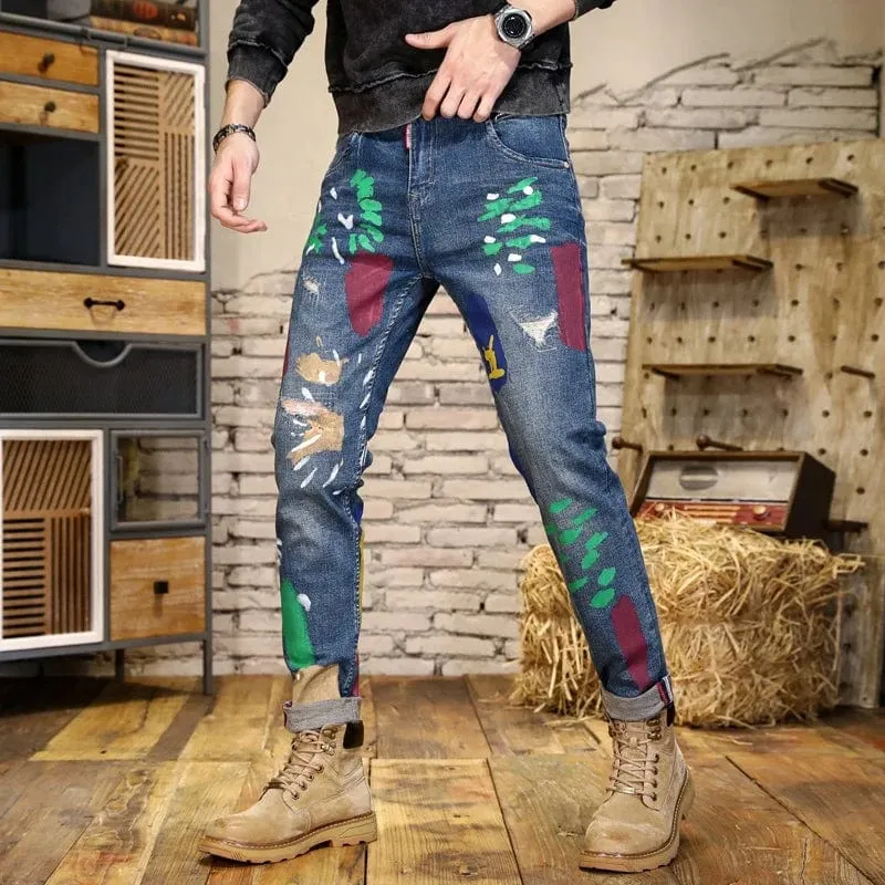 Luxury Men's Paint Print Streetwear Denim Slim Washed Vintage Personality Skinny Pants