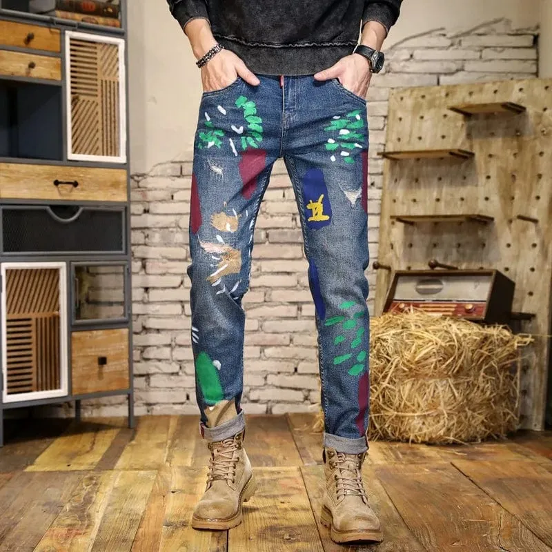 Luxury Men's Paint Print Streetwear Denim Slim Washed Vintage Personality Skinny Pants