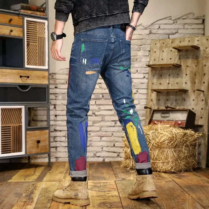 Luxury Men's Paint Print Streetwear Denim Slim Washed Vintage Personality Skinny Pants