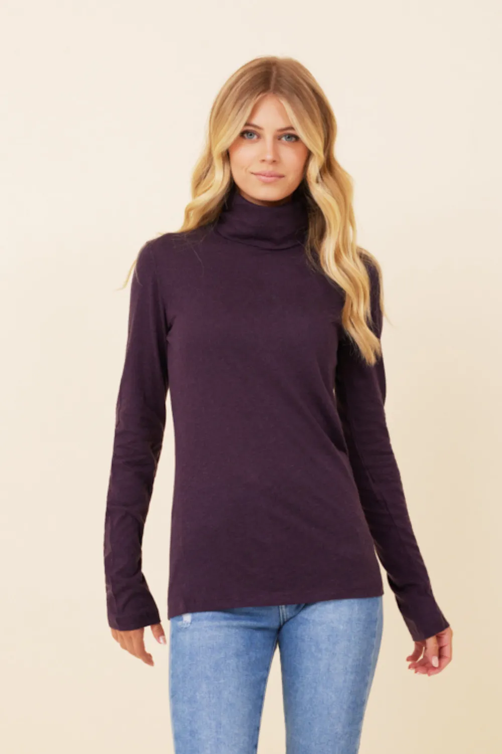 Majestic Long Sleeve Viscose Turtleneck in Aubergine