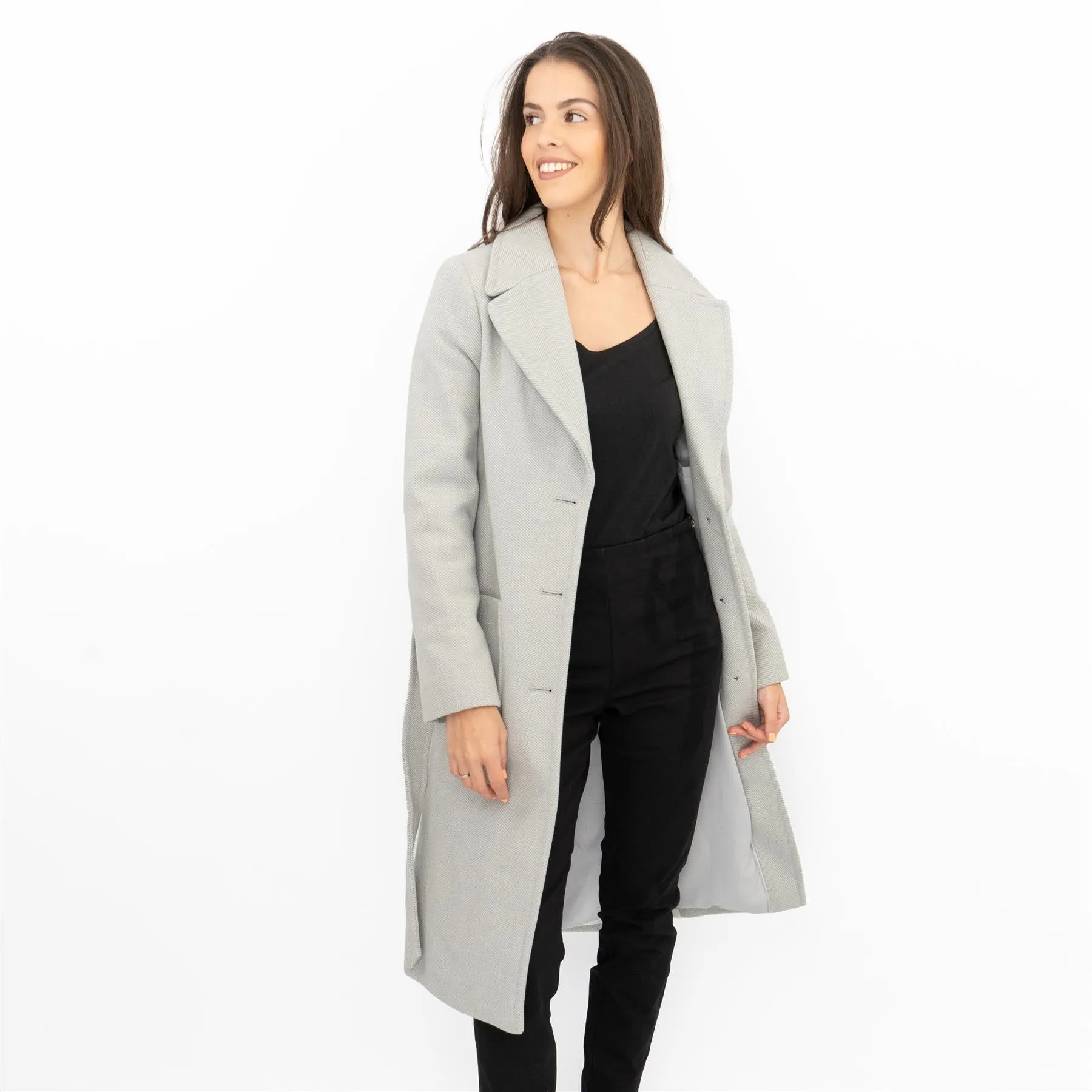 M&S Grey Herringbone Belted Tailored Coat