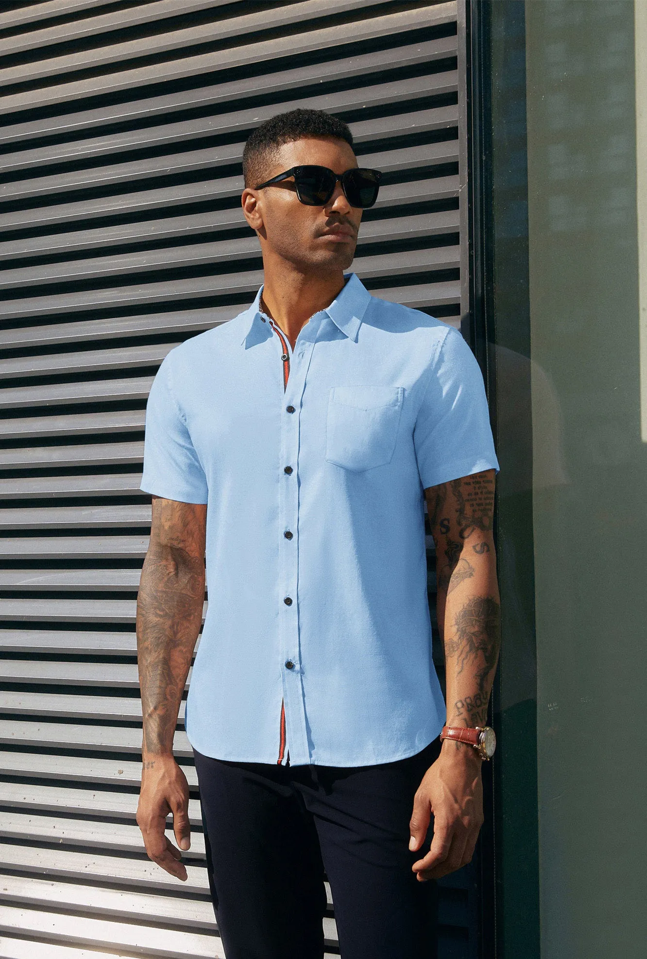 Men Basic Shirt Casual Short Sleeve Classic Collar Button-up Tops