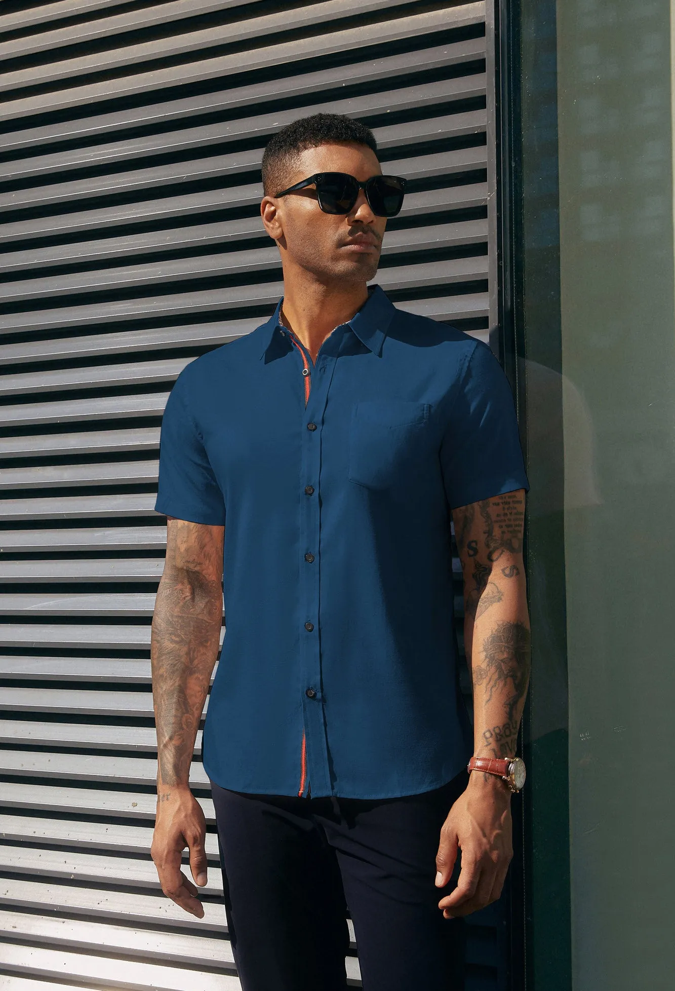 Men Basic Shirt Casual Short Sleeve Classic Collar Button-up Tops