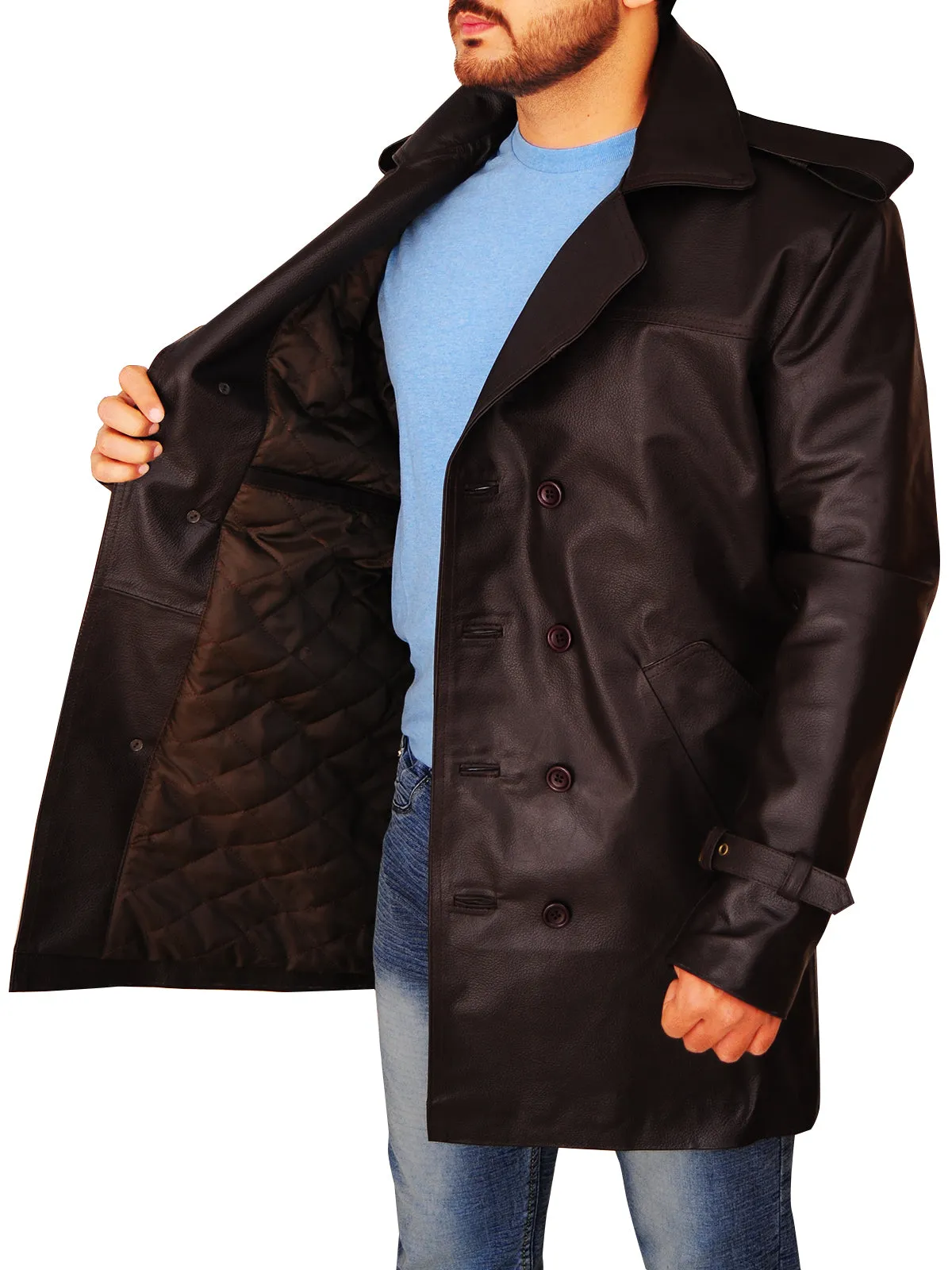 Men Brown Leather Peacoat