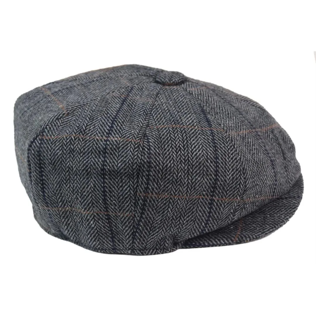 Mens 8 Panel Hat Wool Baker Boy Newsboy Flat Cap Grandad Tweed Check 1920s Peaky