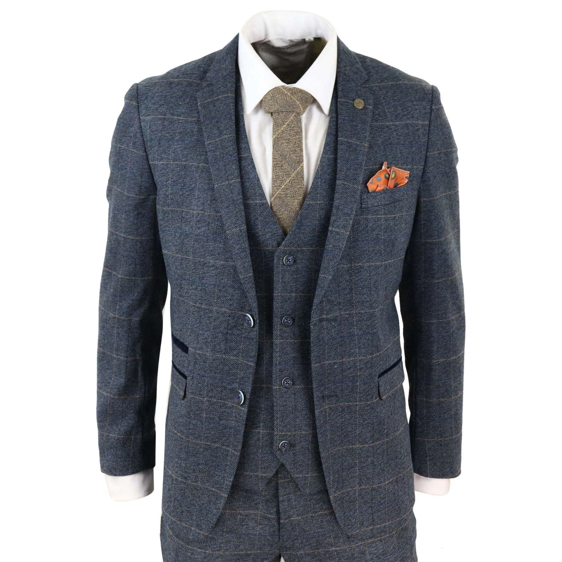 Mens Blue Check 3 Piece Suit Herringbone Tweed Vintage Tailored Fit Grey Velvet