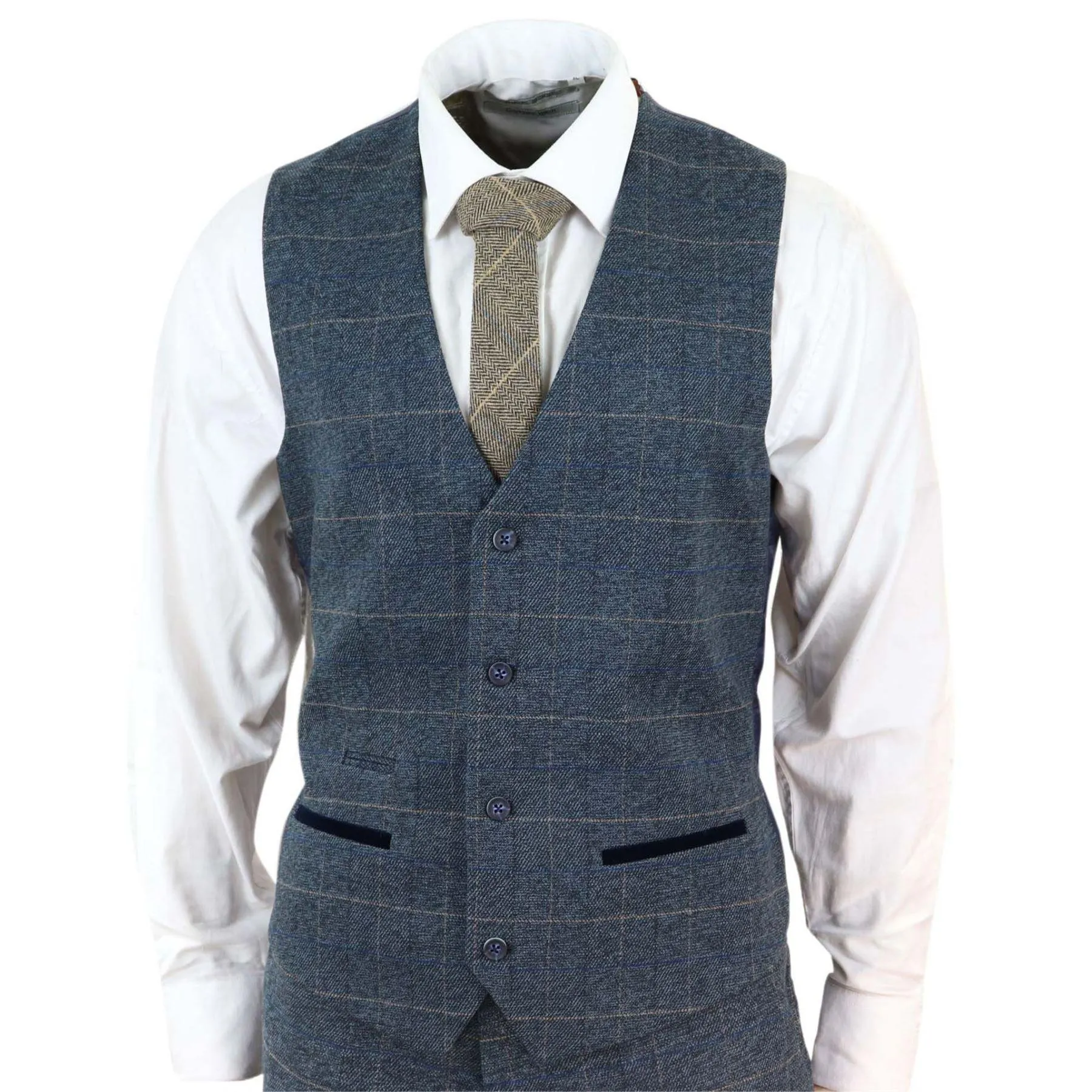 Mens Blue Check 3 Piece Suit Herringbone Tweed Vintage Tailored Fit Grey Velvet