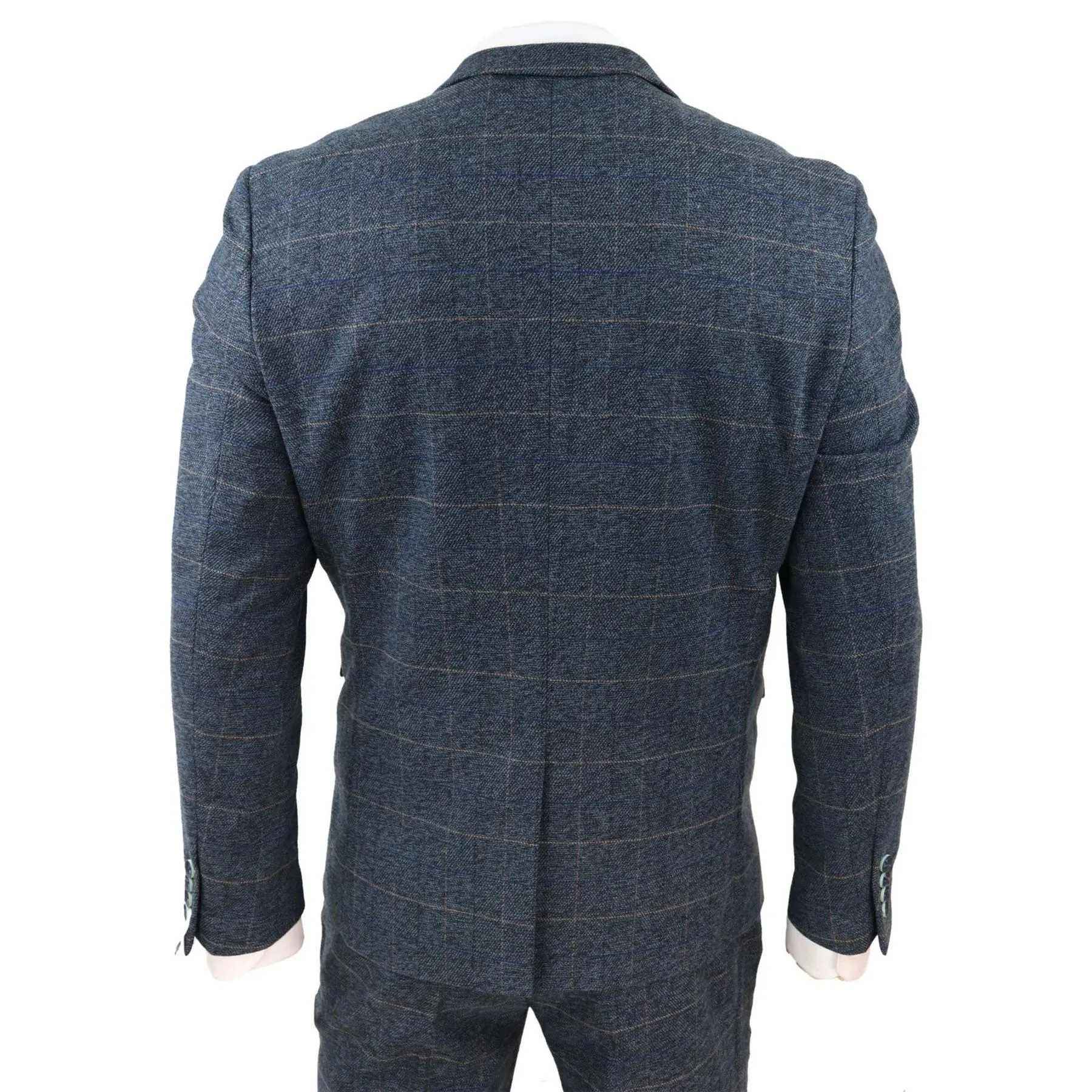 Mens Blue Check 3 Piece Suit Herringbone Tweed Vintage Tailored Fit Grey Velvet