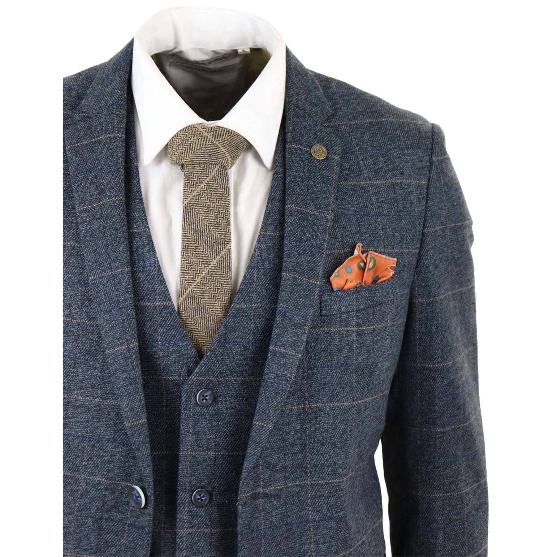 Mens Blue Check 3 Piece Suit Herringbone Tweed Vintage Tailored Fit Grey Velvet