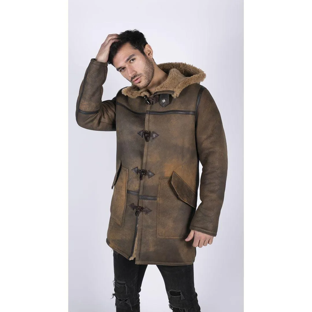 Mens Duffle 3/4 Coat Real Sheepskin Leather Jacket Toggle Classic Retro Brown