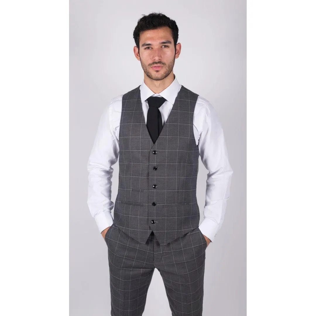 Mens Grey Check 3 Piece Suit Vintage Retro Smart Wedding Classic Tailored Fit Light