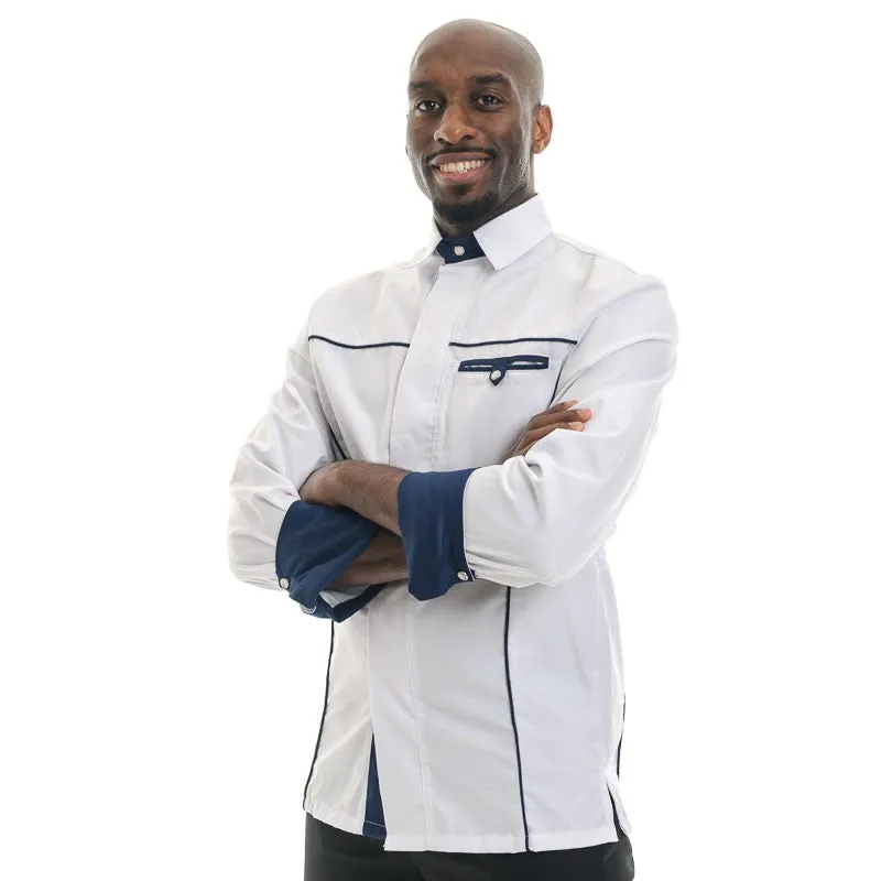 Men's Kitchen Coat Shirt Collar Navy Blue White - MANELLI