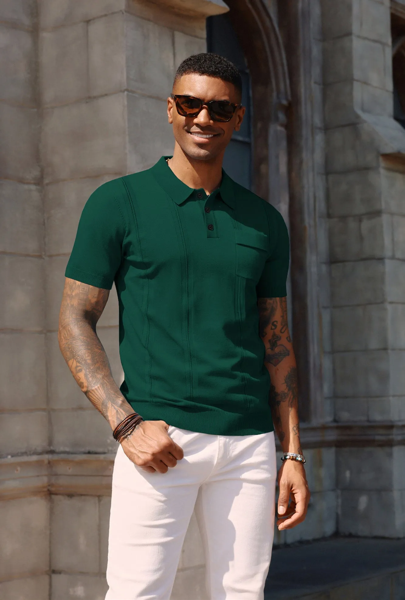 Men's Knit Polo Shirt Short Sleeve Casual Solid Golf Shirts with Pocket