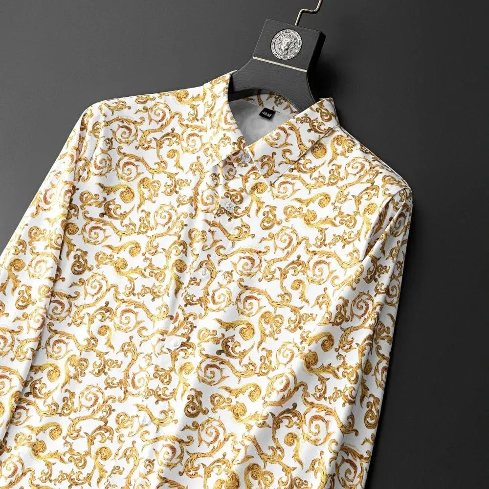 Men's Luxury Golden Flower Dress Shirt | Slim Fit Long-Sleeve Fashion Shirt for Business, Casual, and Party Wear