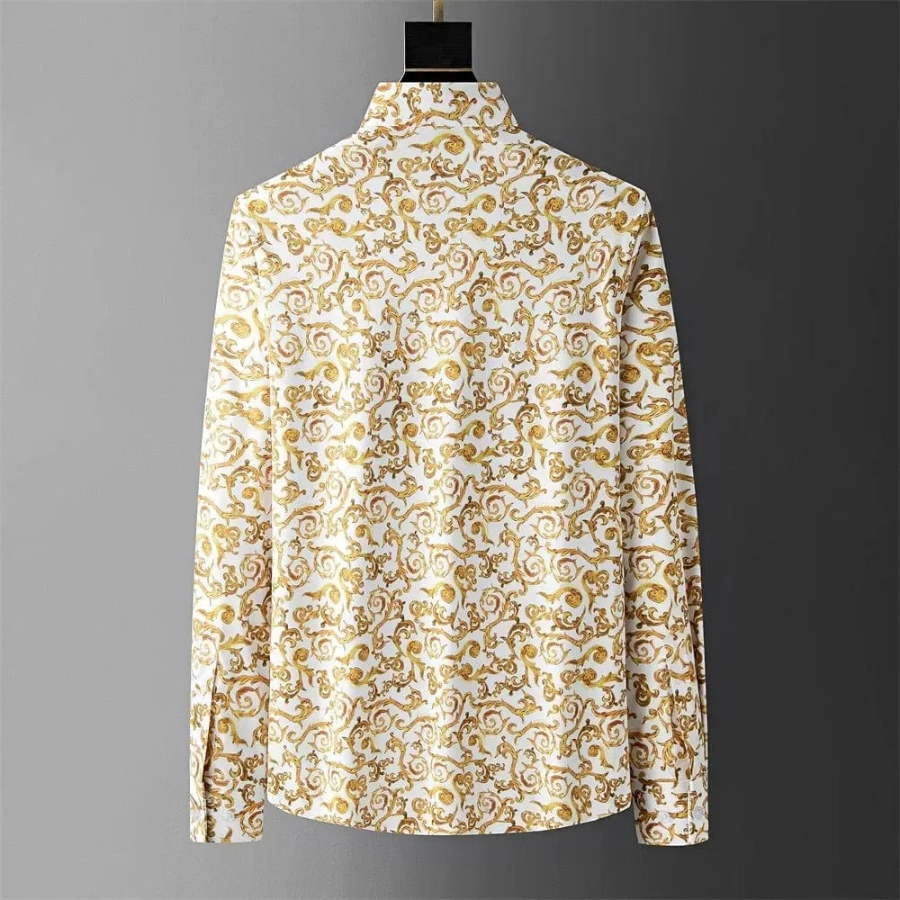 Men's Luxury Golden Flower Dress Shirt | Slim Fit Long-Sleeve Fashion Shirt for Business, Casual, and Party Wear