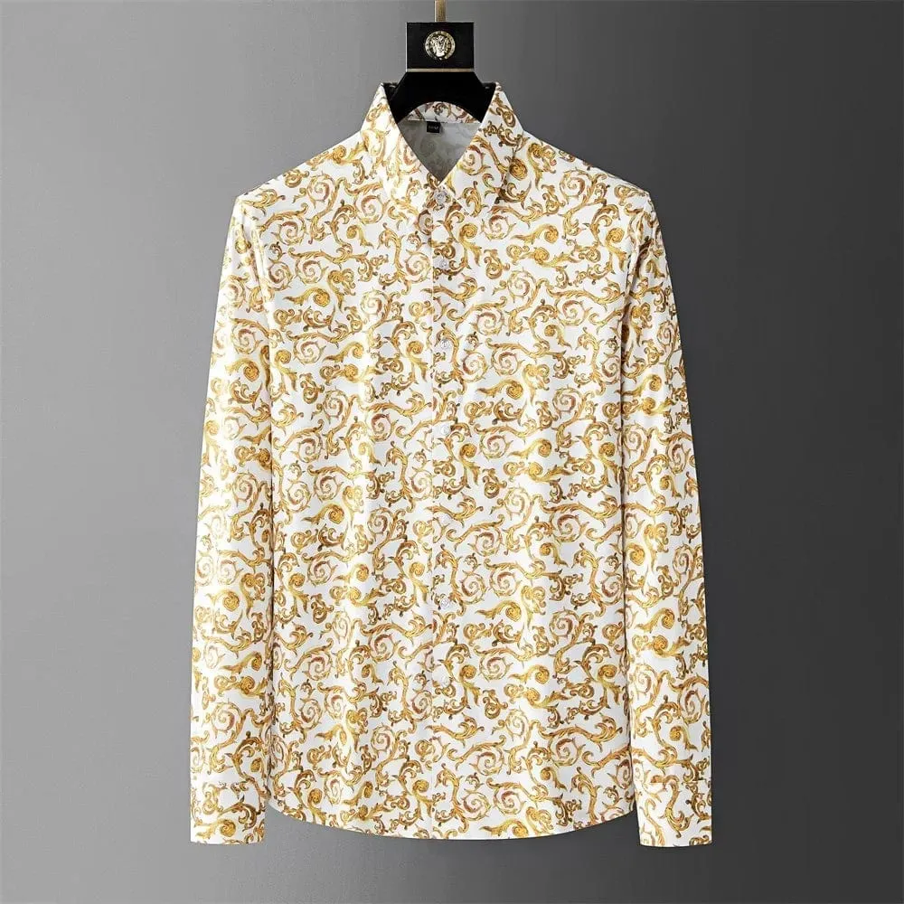 Men's Luxury Golden Flower Dress Shirt | Slim Fit Long-Sleeve Fashion Shirt for Business, Casual, and Party Wear