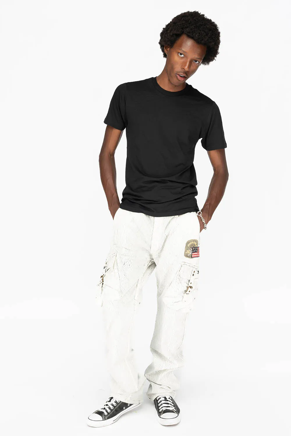 MENS MILITARY STYLE CARGO PANTS IN CRACKLE WHITE DYE WITH PATCH