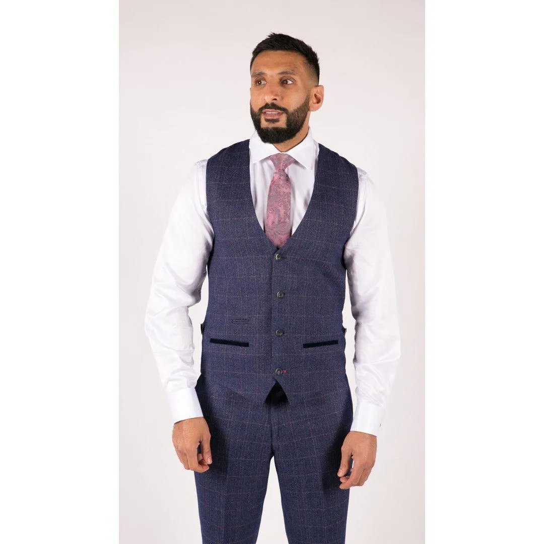 Mens Navy Blue 3 Piece Suit Double Breasted Waistcoat Tan Prince Of Wales Check