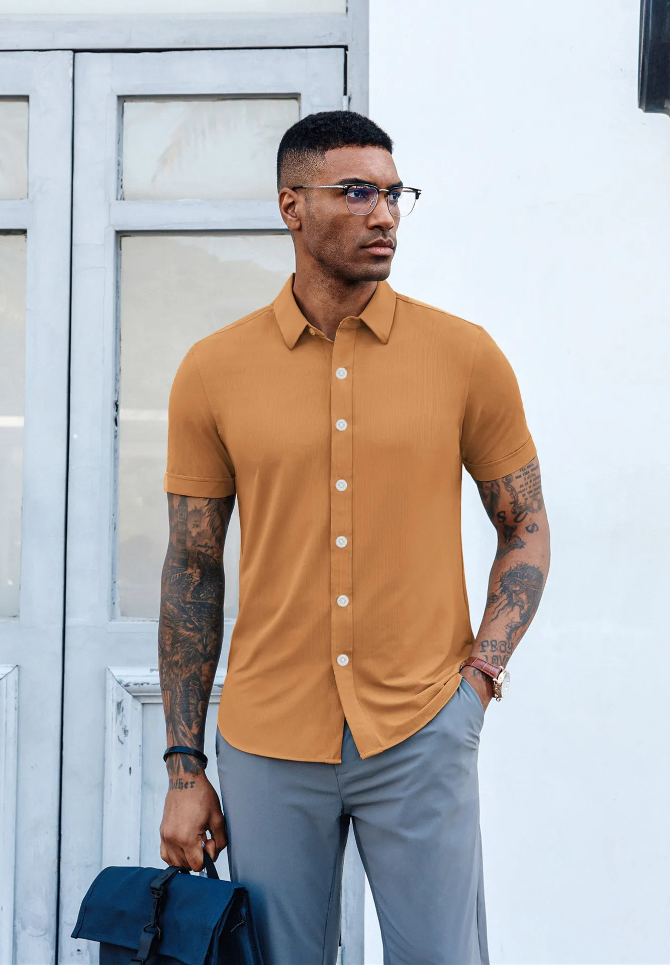 Mens Short Sleeve Casual Button Down Shirts 4-Way Stretch Travel Dress Shirt