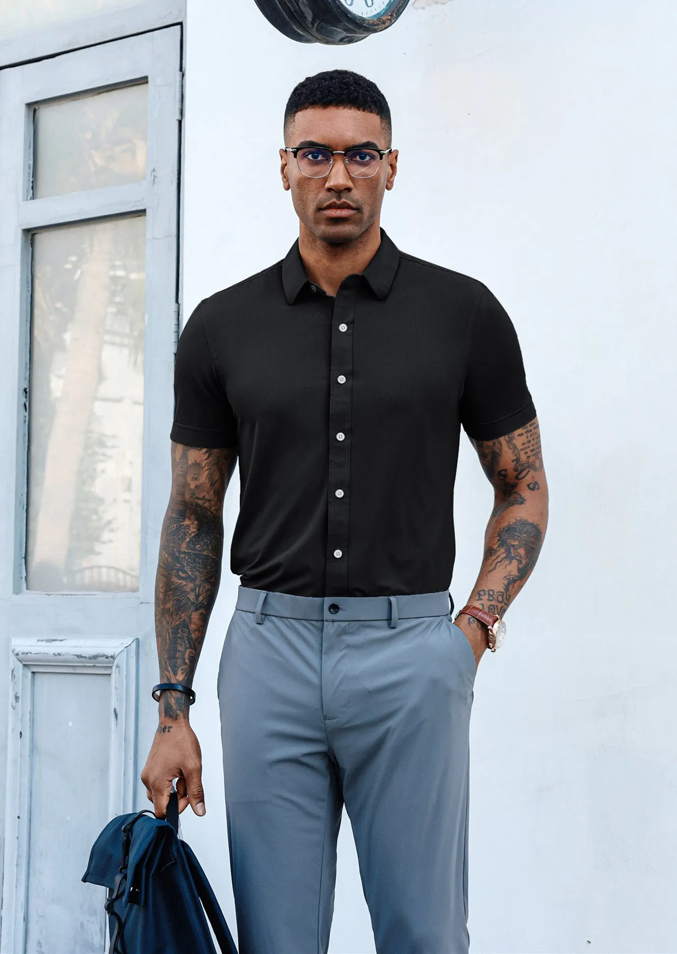 Mens Short Sleeve Casual Button Down Shirts 4-Way Stretch Travel Dress Shirt