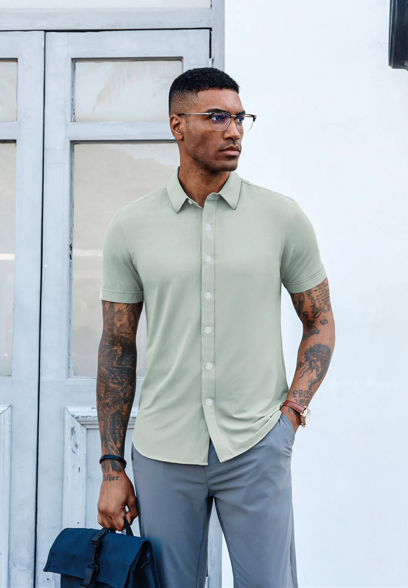 Mens Short Sleeve Casual Button Down Shirts 4-Way Stretch Travel Dress Shirt