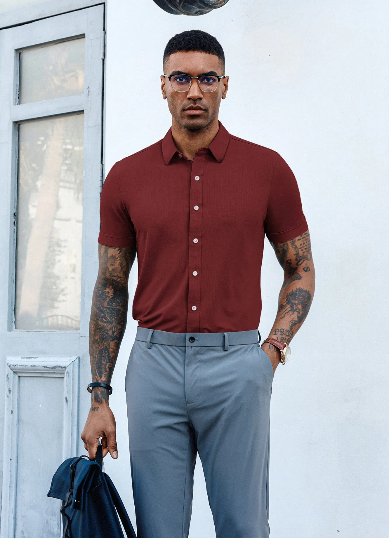 Mens Short Sleeve Casual Button Down Shirts 4-Way Stretch Travel Dress Shirt