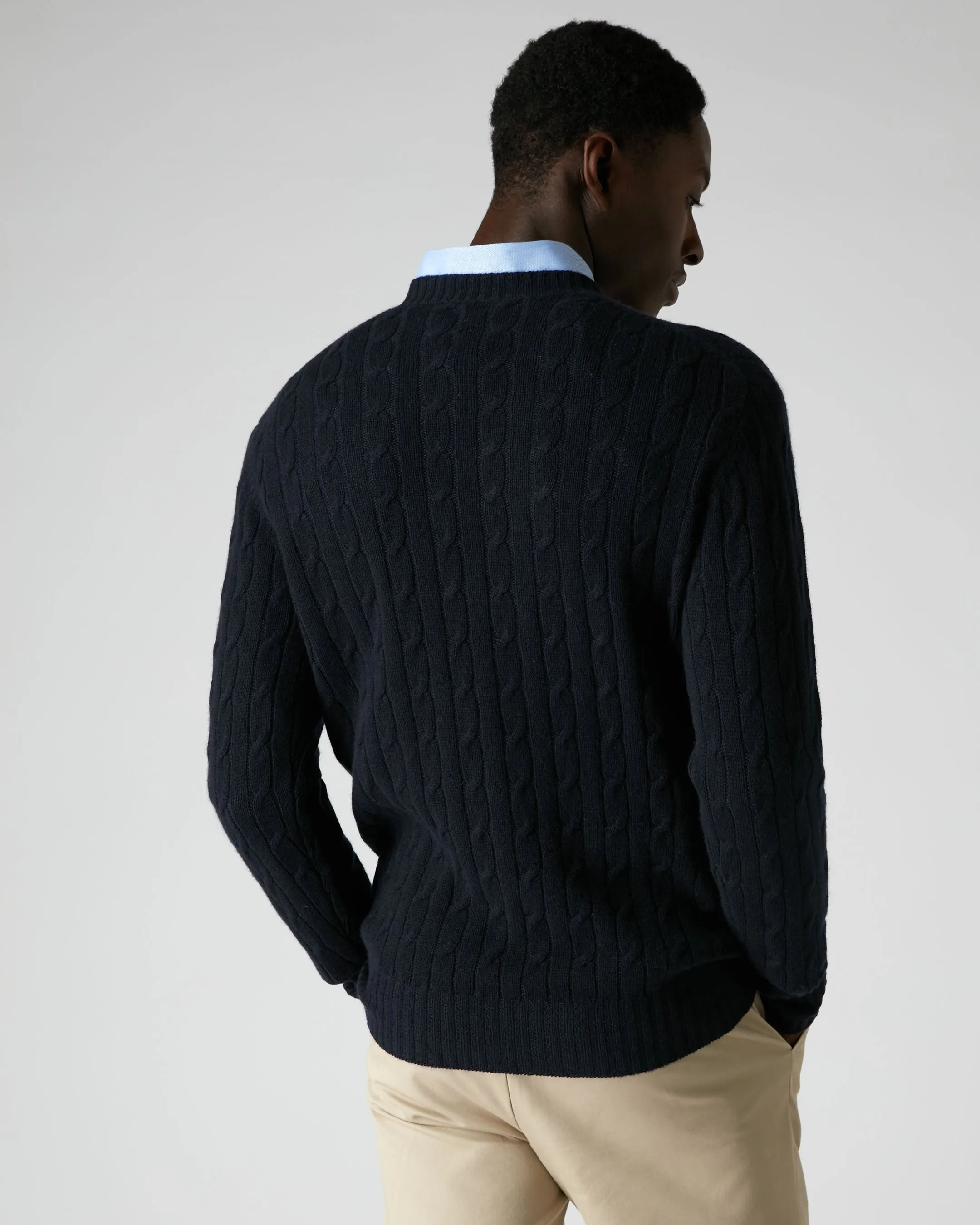 Men's Thames Cable Round Neck Cashmere Jumper Navy Blue