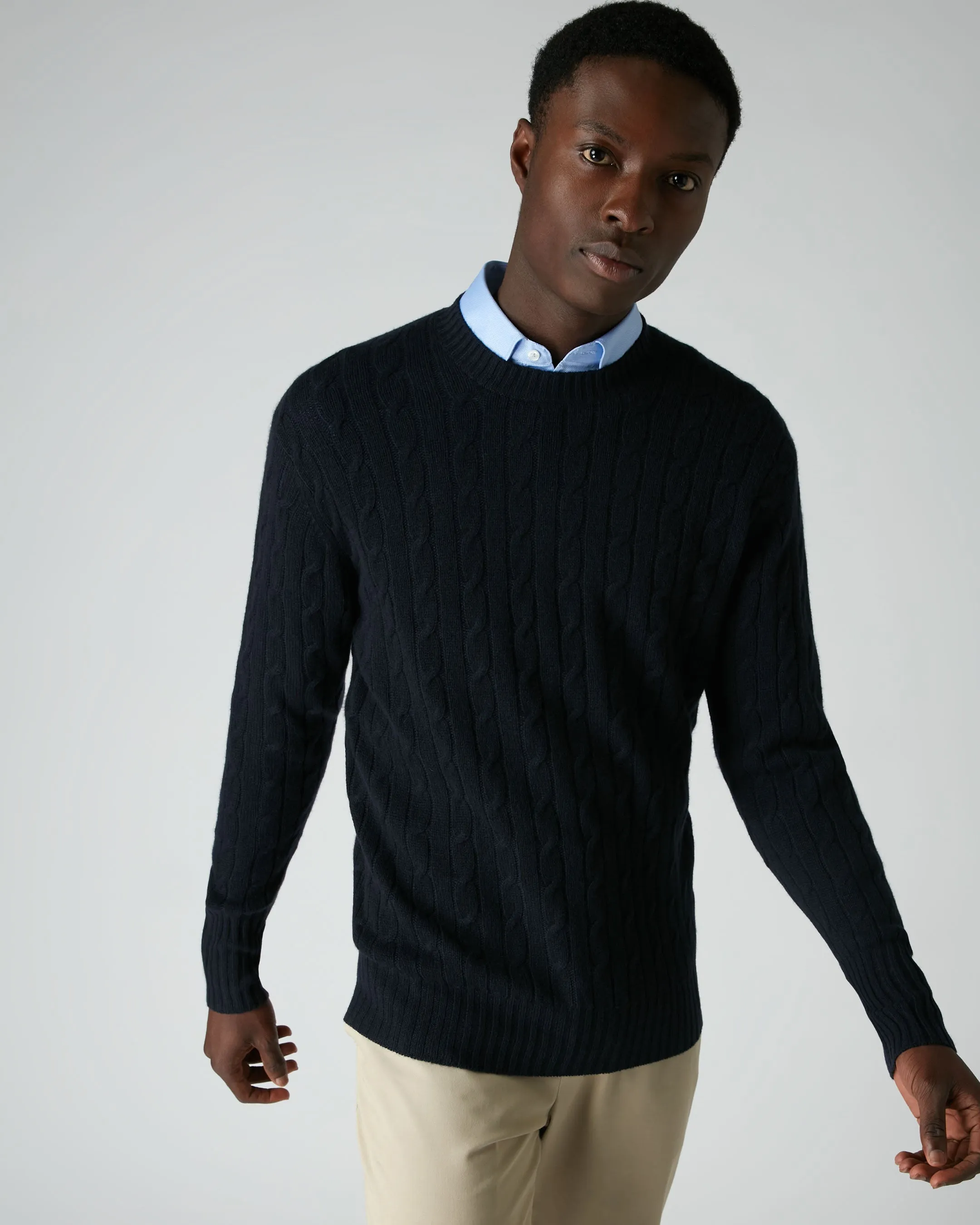 Men's Thames Cable Round Neck Cashmere Jumper Navy Blue