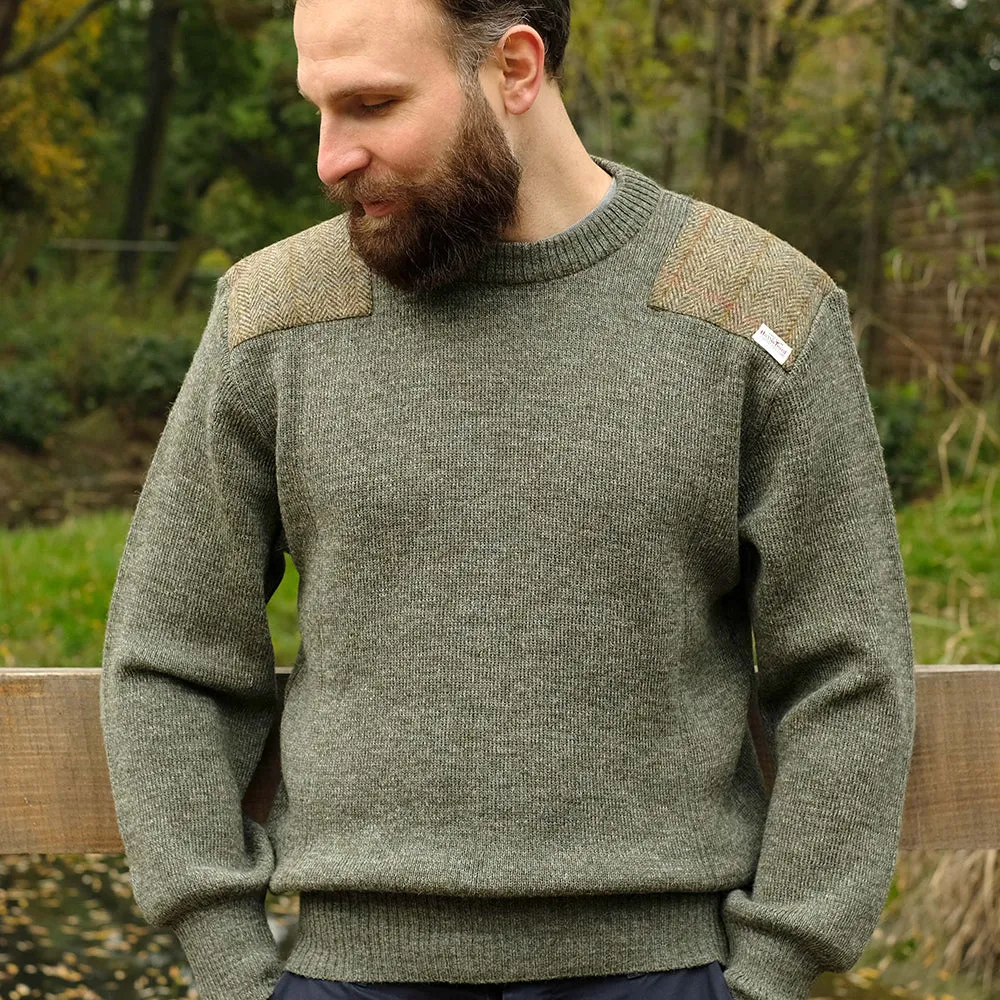 Military style jumper with Harris Tweed shoulder patches in light green