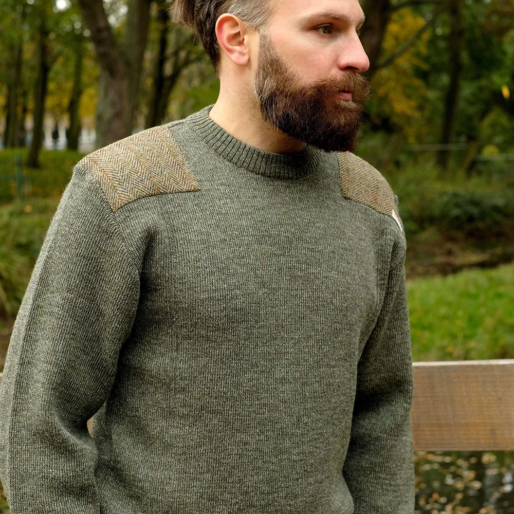 Military style jumper with Harris Tweed shoulder patches in light green