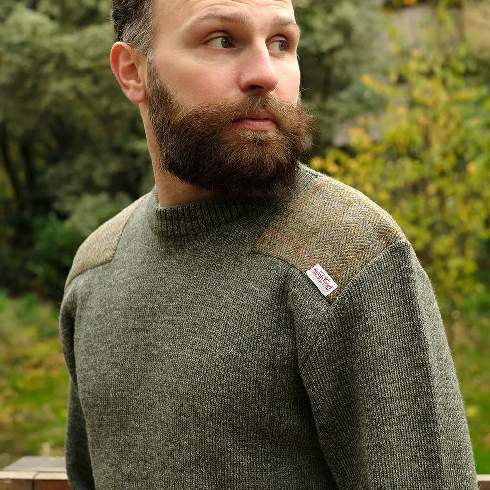 Military style jumper with Harris Tweed shoulder patches in light green