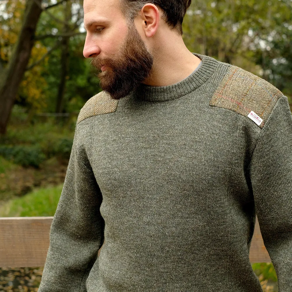 Military style jumper with Harris Tweed shoulder patches in light green