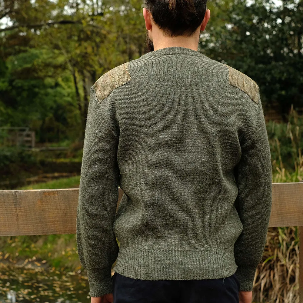 Military style jumper with Harris Tweed shoulder patches in light green