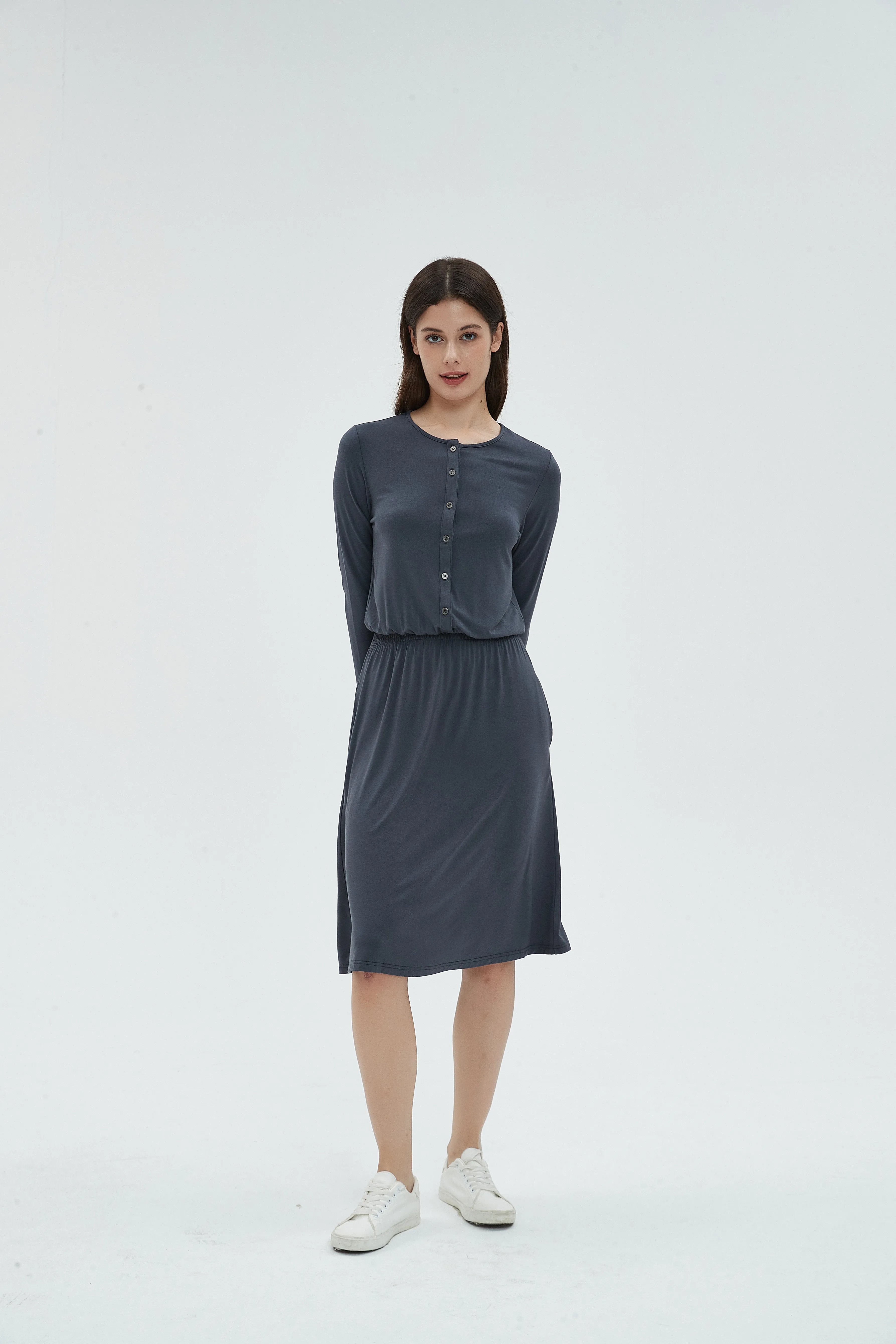 MM SMOCKED WAIST EVERYTHING DRESS LONG SLEEVES - CHARCOAL