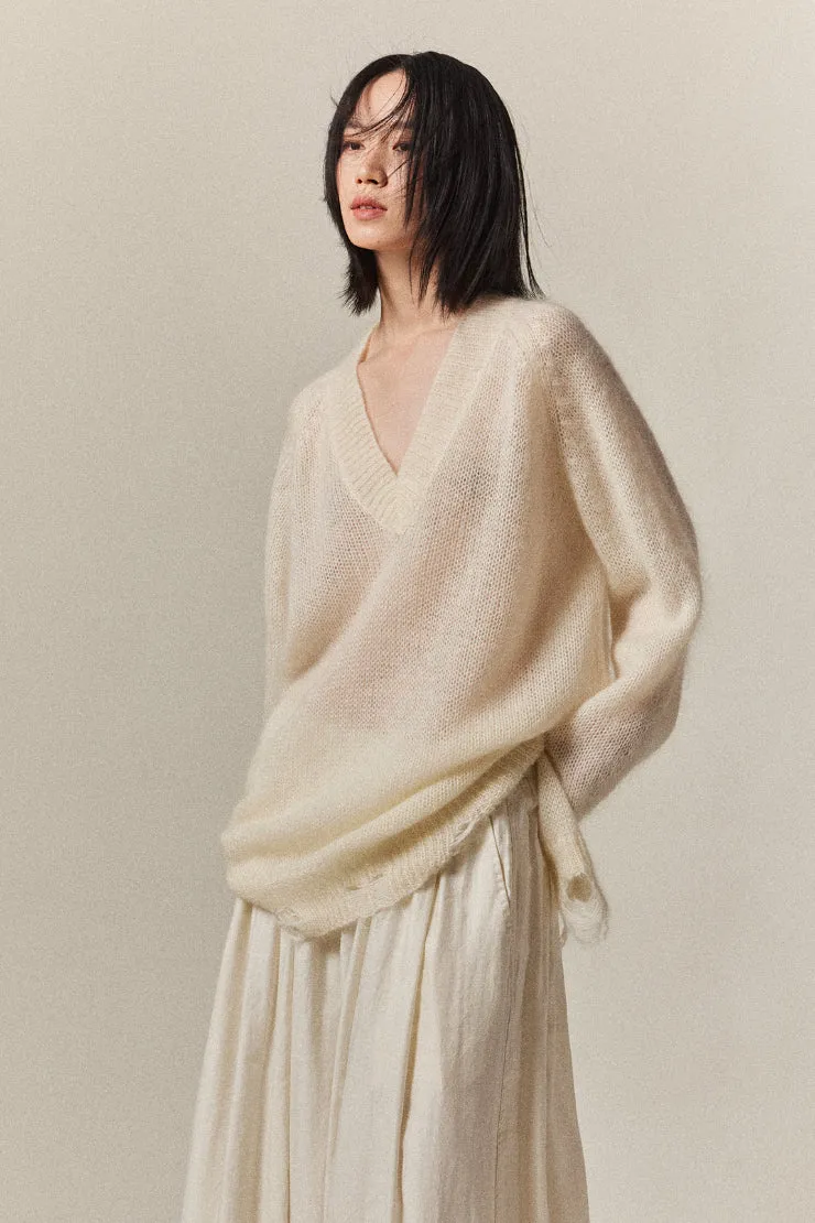 Mohair & wool blended coarse knitted raw edge sweater | 4 color