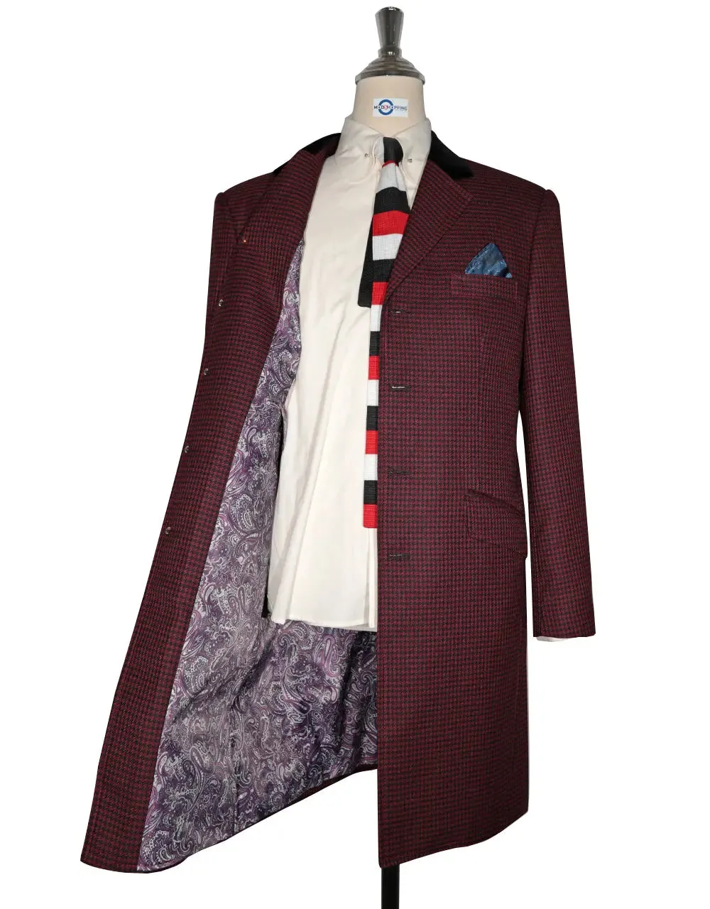 Over Coat Men's | 60s Mod Winter Burgundy Houndstooth Coat