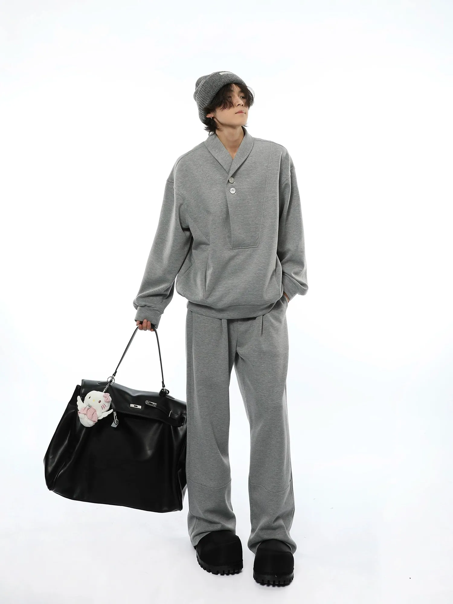 Oversized Collared V-Neck Sweatshirt and Joggers Set