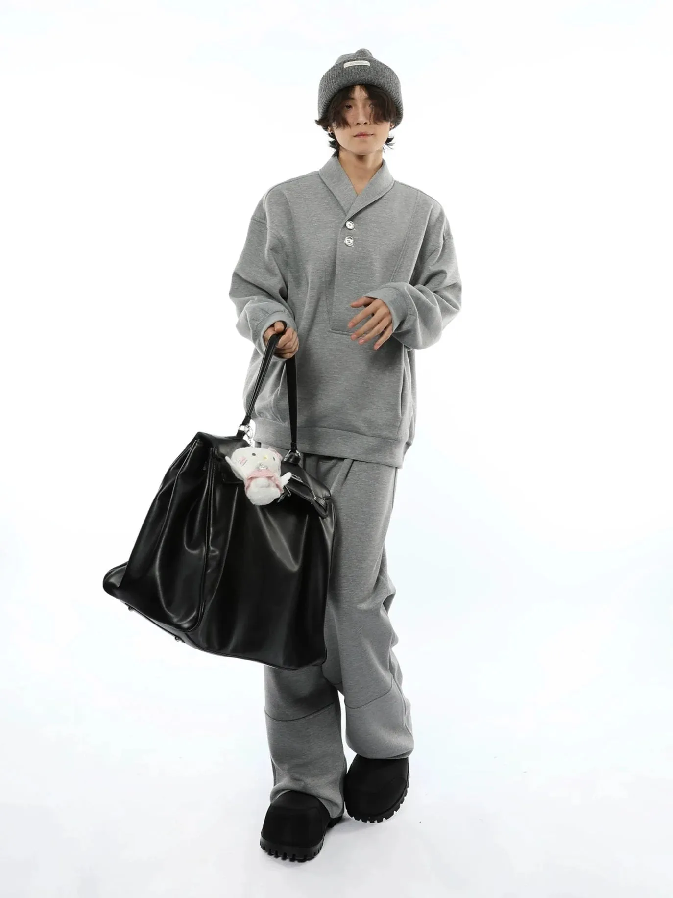 Oversized Collared V-Neck Sweatshirt and Joggers Set