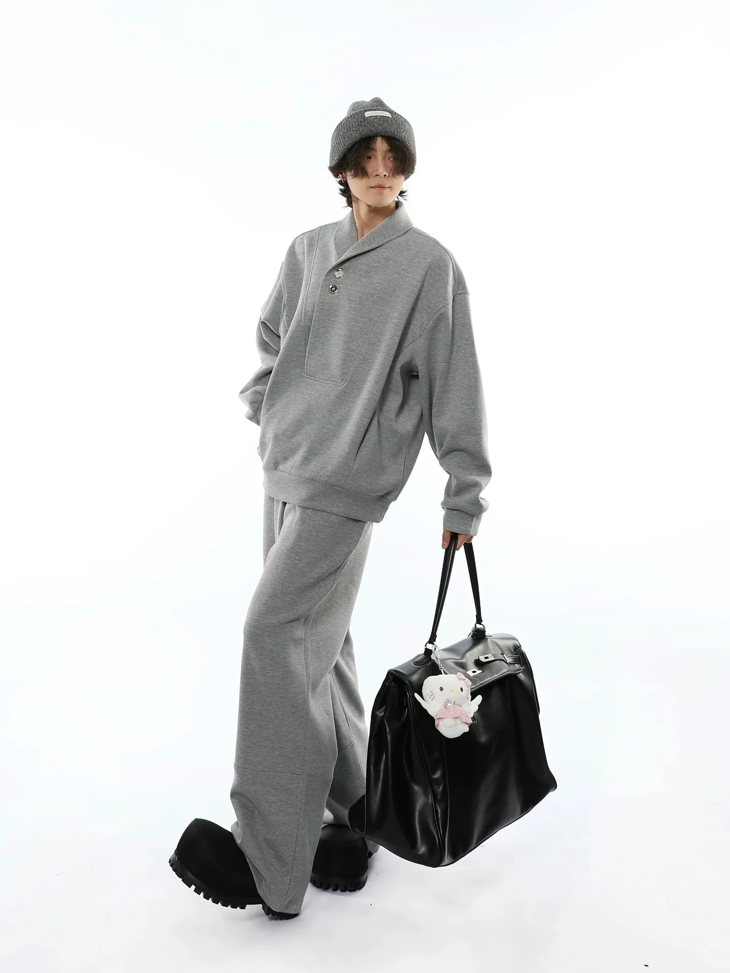 Oversized Collared V-Neck Sweatshirt and Joggers Set