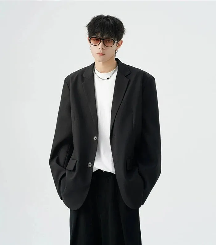 Oversized Single-Breasted Pleated Blazer with Notch Lapel