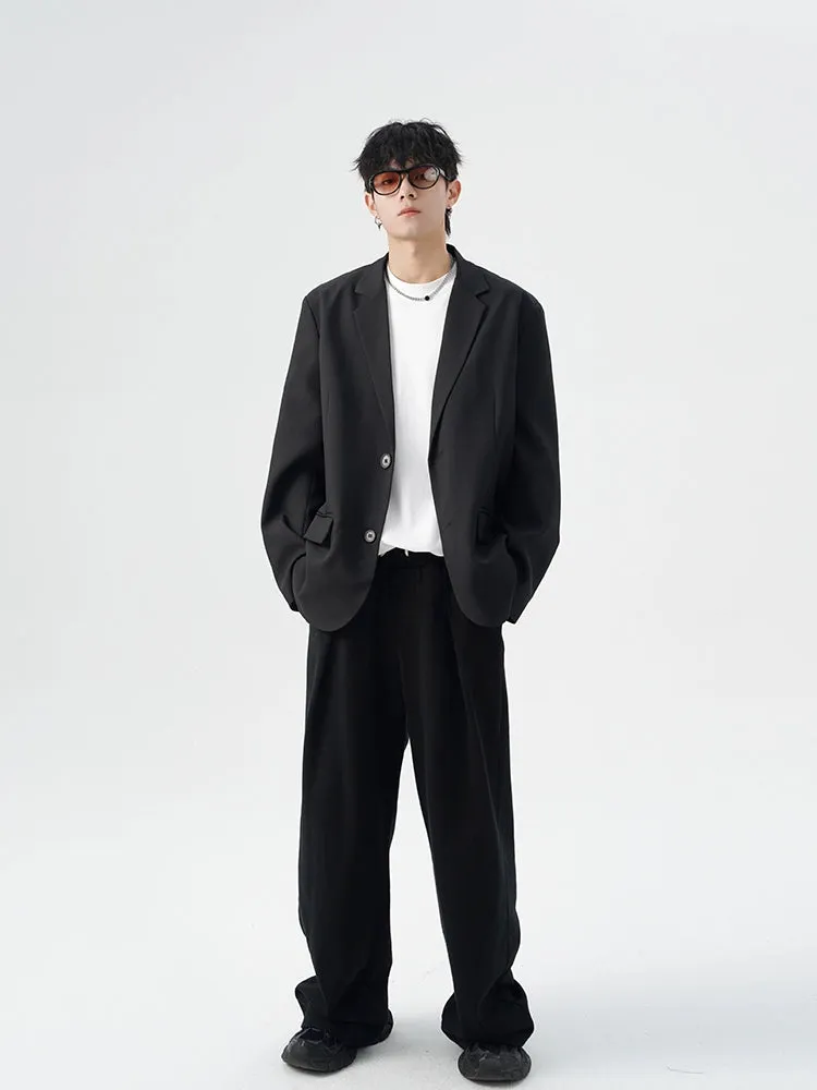 Oversized Single-Breasted Pleated Blazer with Notch Lapel